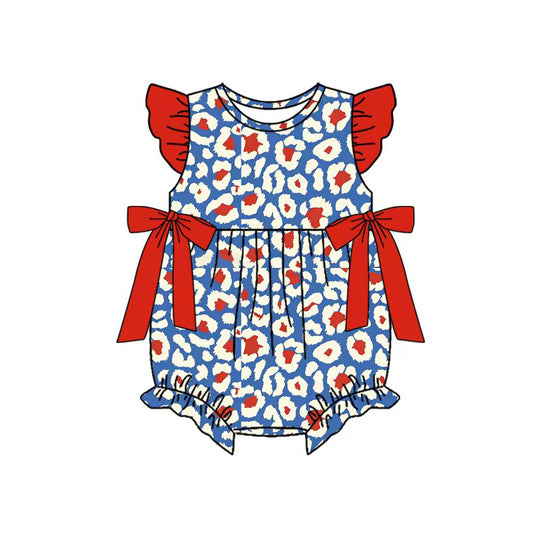 MOQ 5 PCS preorder SR4045 4th of July Red Blue Leopard Bows Fly Sleeve Girls Bubble Romper 202601