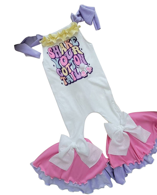 MOQ 5 PCS preorder SR4047 Easter Bunny Shark Letter Ruffle Halter Girls Romper Overalls Jumpsuits 202601