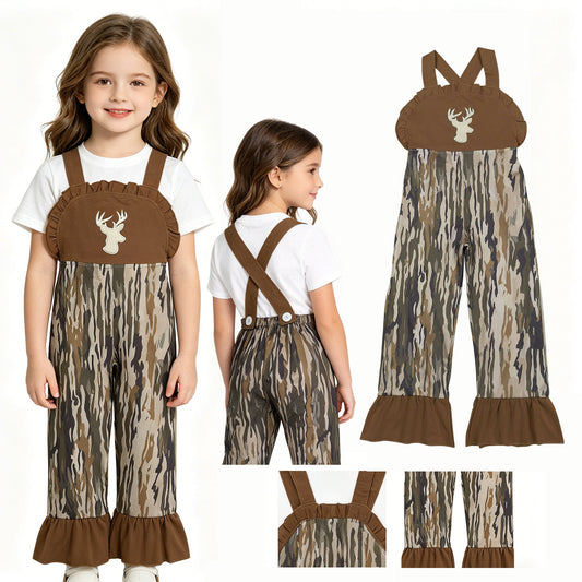 SR4047 Embroidered Deer Hunting Camouflage Brown Ruffle Sleeveless Girls Romper Overalls Jumpsuits 202604 RTS