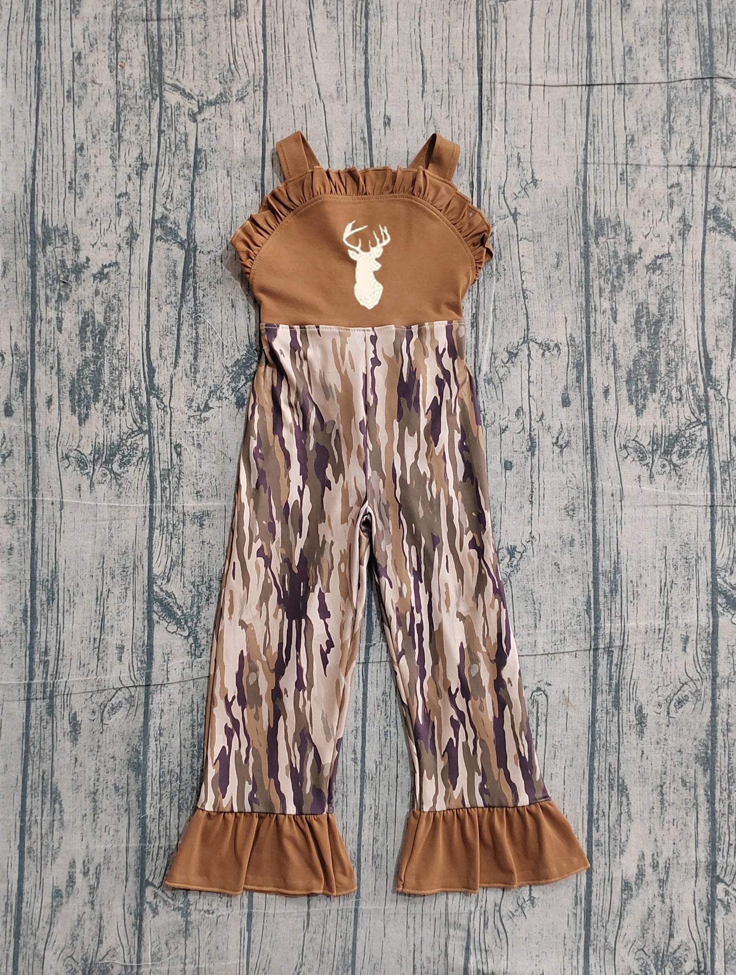 NO MOQ preorder SR4047 Embroidered Deer Hunting Camouflage Brown Ruffle Sleeveless Girls Romper Overalls Jumpsuits 202602