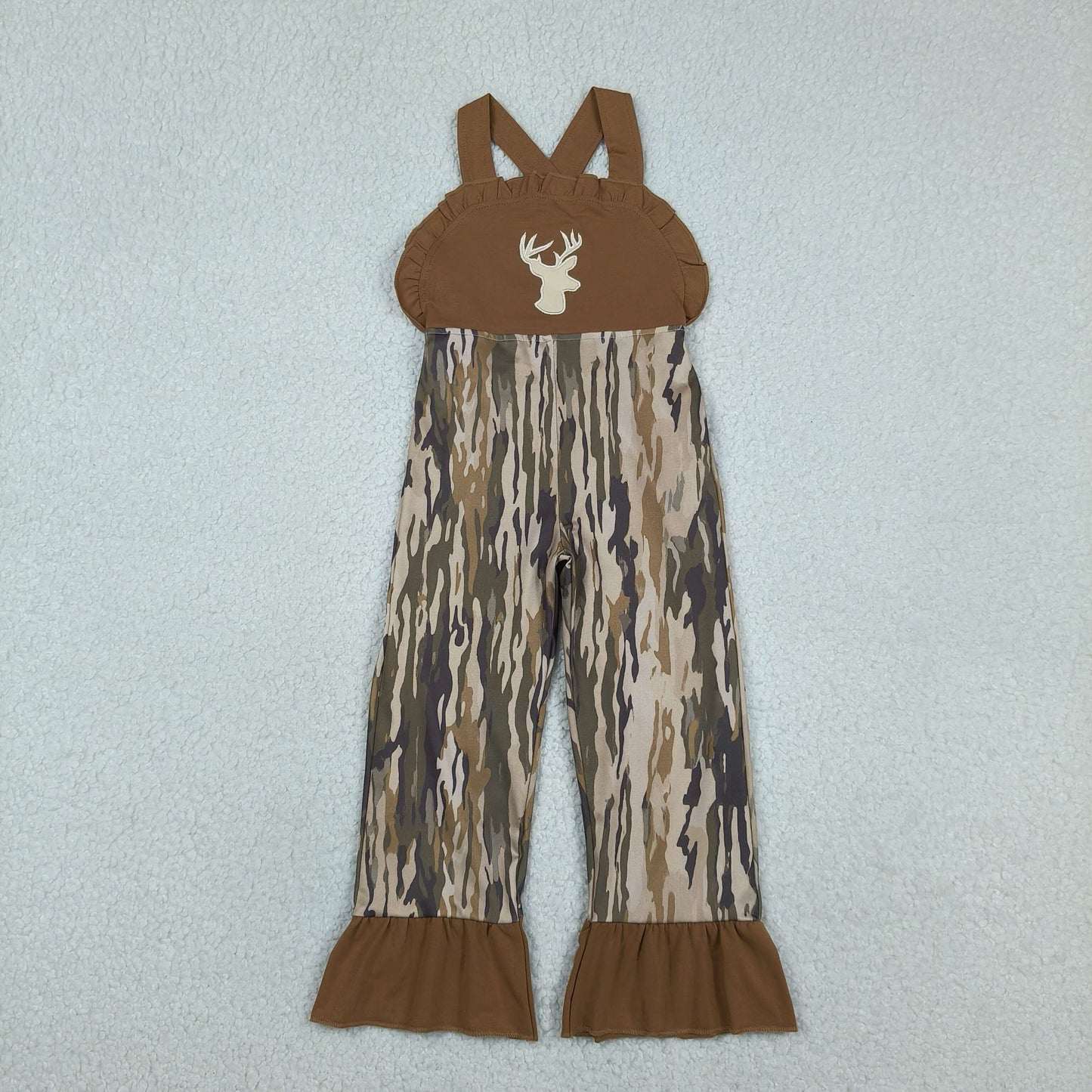 SR4047 Embroidered Deer Hunting Camouflage Brown Ruffle Sleeveless Girls Romper Overalls Jumpsuits 202604 RTS
