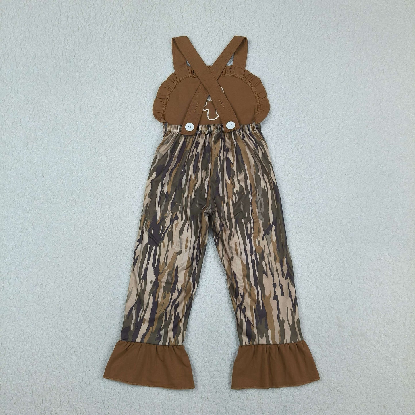 SR4047 Embroidered Deer Hunting Camouflage Brown Ruffle Sleeveless Girls Romper Overalls Jumpsuits 202604 RTS