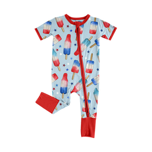 MOQ 5 PCS preorder SR4054 4th of July Red Blue Ice Cream Star Red Zip Short Sleeve Boys Romper 202602