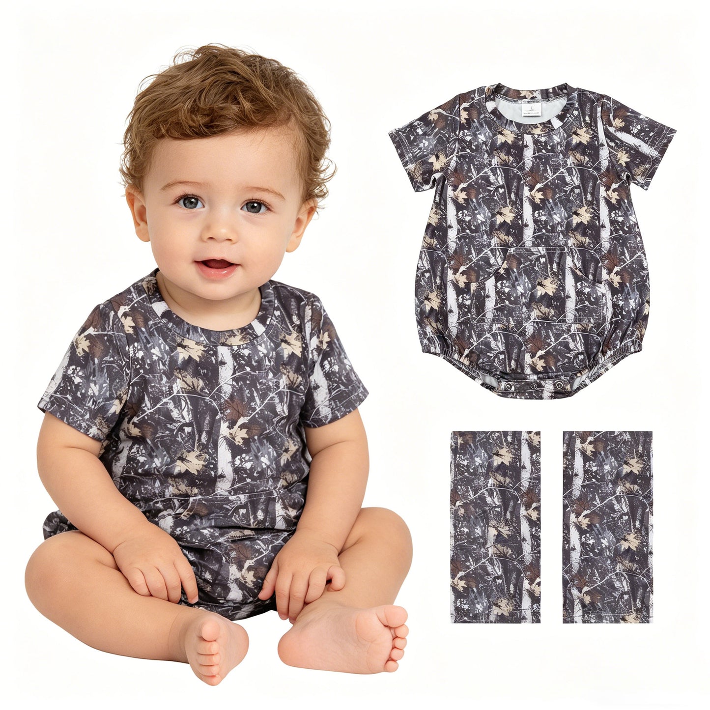 SR4059 Branches Leaves Dark Gray Short Sleeve Boys Bubble Romper 202604 RTS