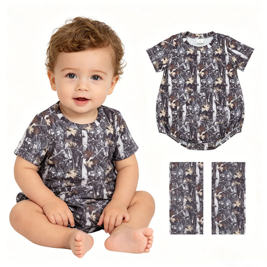 SR4059 Branches Leaves Dark Gray Short Sleeve Boys Bubble Romper 202604 RTS