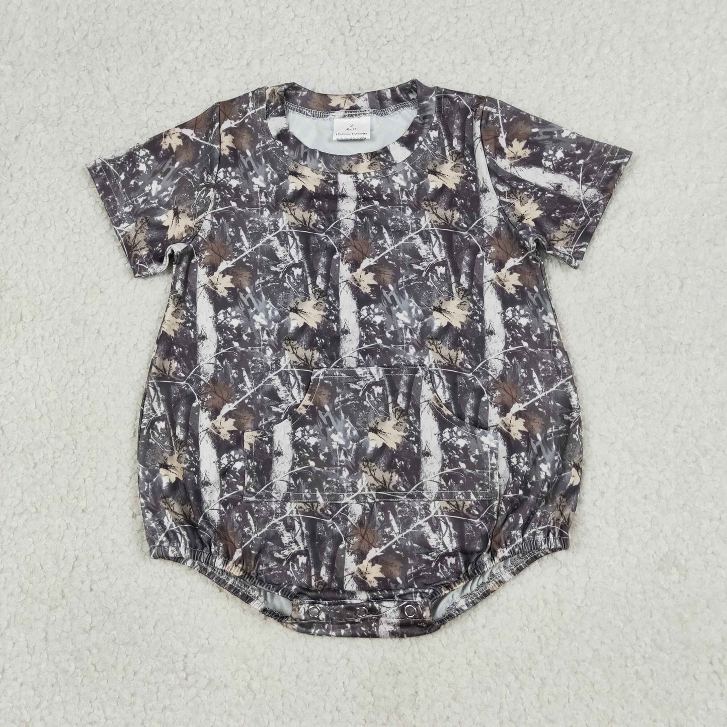 SR4059 Branches Leaves Dark Gray Short Sleeve Boys Bubble Romper 202604 RTS