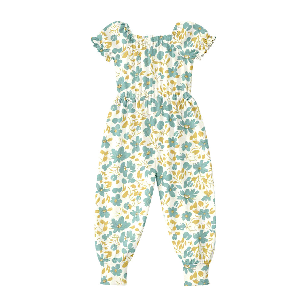MOQ 5 PCS Preorder SR4067 Green Flower Orange Leaf Short Sleeve Girls Overalls Jumpsuits 202602