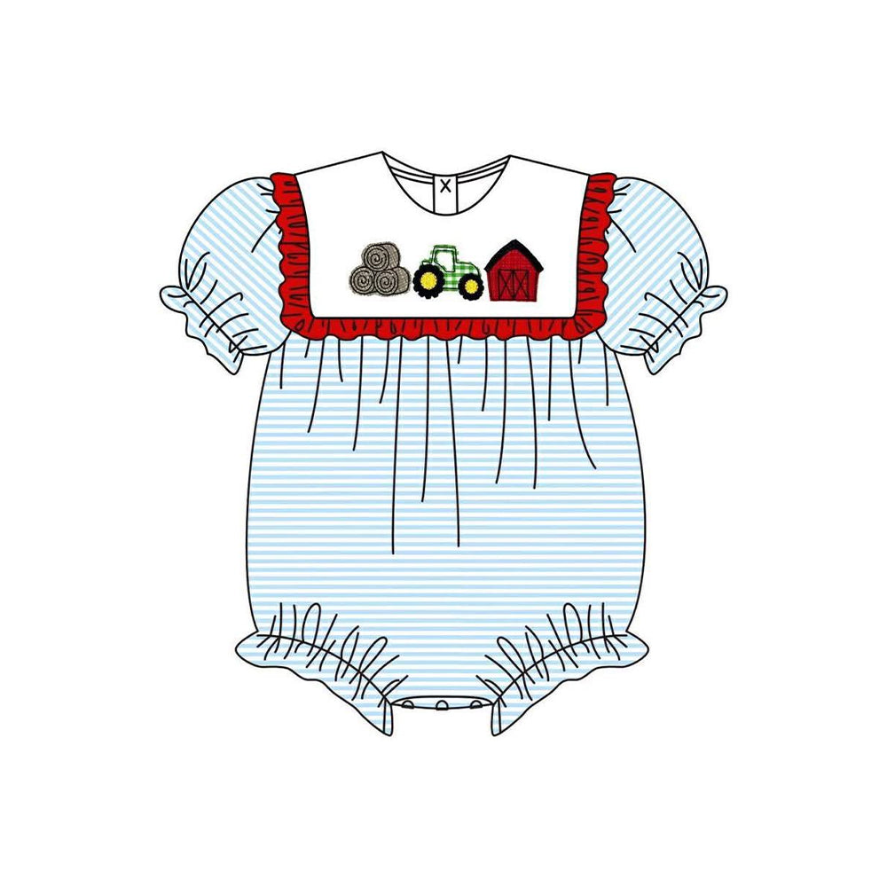 MOQ 5 PCS preorder SR4074 Haystack Tractor Red House Blue Stripe Red Ruffle Short Sleeve Girls Bubble Romper 202602 Sibling