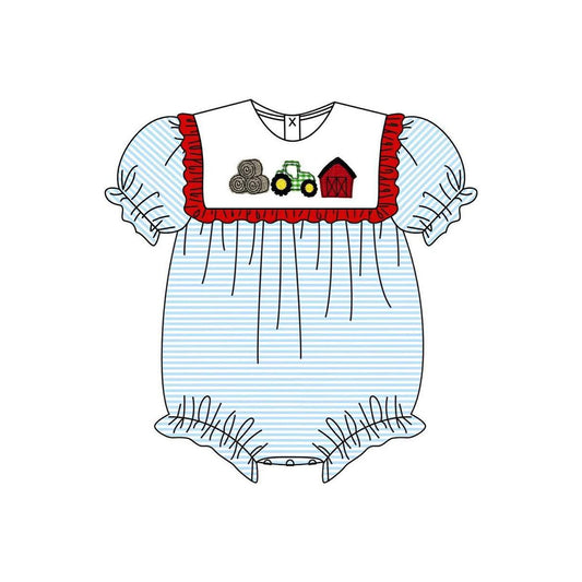 MOQ 5 PCS preorder SR4074 Haystack Tractor Red House Blue Stripe Red Ruffle Short Sleeve Girls Bubble Romper 202602 Sibling