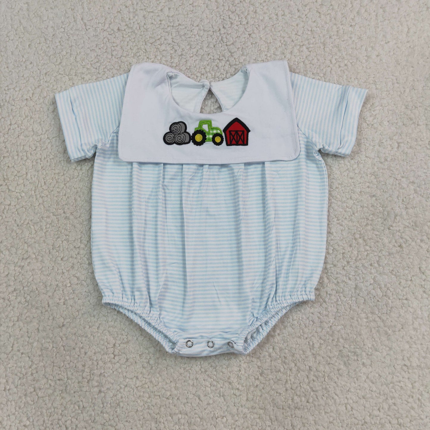 SR4075 Embroidery Farm Truck Barn Red Baby Boys Romper