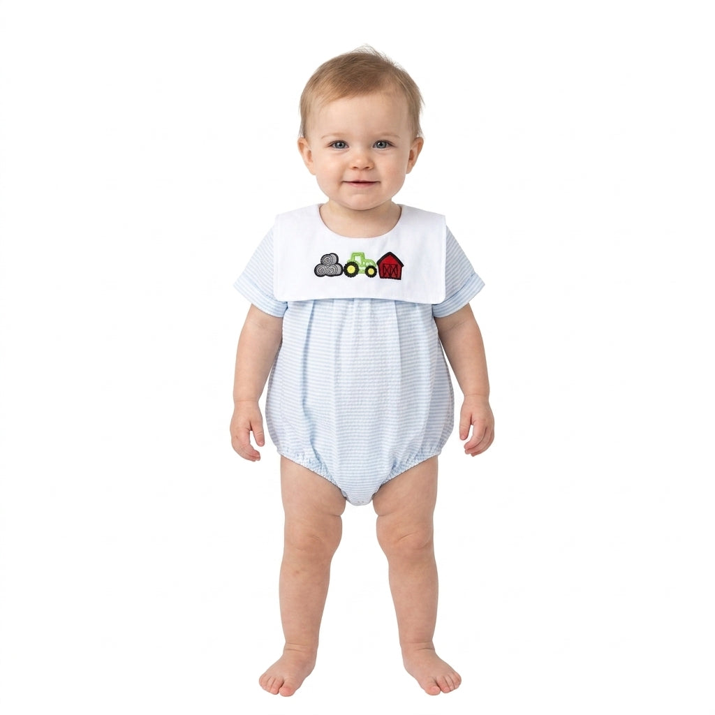 SR4075 Embroidery Farm Truck Barn Red Baby Boys Romper