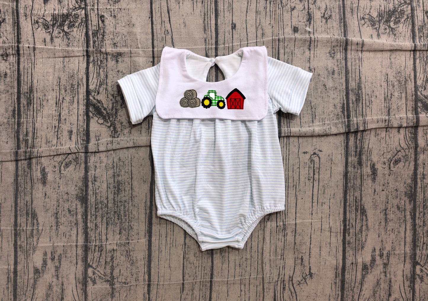 NO MOQ preorder SR4075 Embroidered Haystack Tractor Red House Blue Stripe Short Sleeve Boys Bubble Romper 202606 Sibling