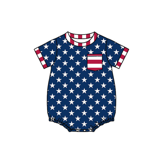 MOQ 5 PCS preorder SR4078 4th of July Red Stripe Pocket Star Blue Short Sleeve Boys Bubble Romper 202602