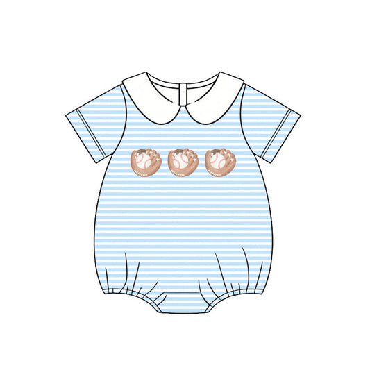 MOQ 5 PCS preorder SR4079 Baseball Gloves Doll Collar Blue Stripe Short Sleeve Boys Bubble Romper 202602
