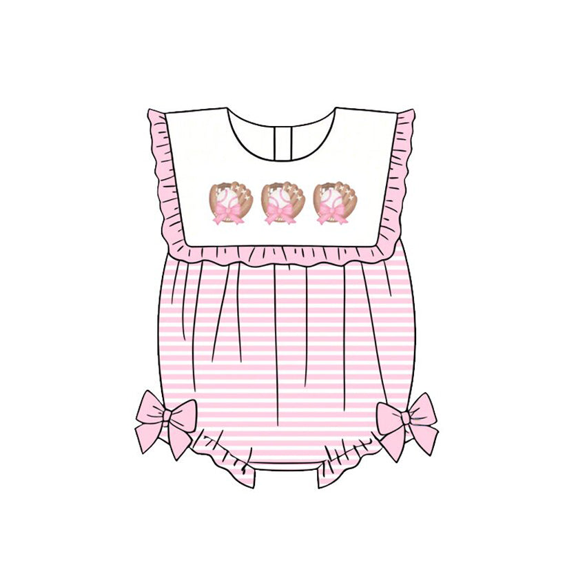 MOQ 5 PCS preorder SR4080 Baseball Gloves Pink Ruffle Stripe Sleeveless Girls Bubble Romper 202602