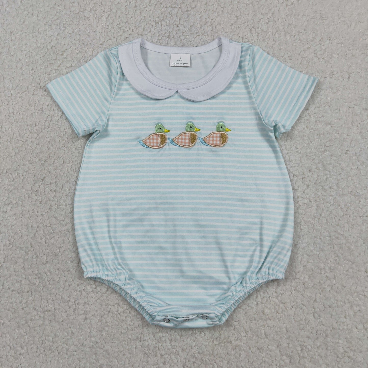 SR4081 Embroidered Ducks Doll Collar Blue Stripe Short Sleeve Boys Bubble Romper 202604 RTS