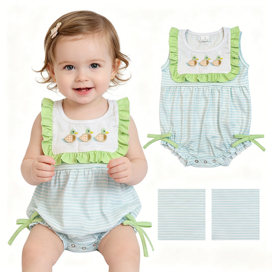 SR4082 Embroidered Ducks Green Ruffle Blue Stripe Sleeveless Girls Bubble Romper 202604 RTS