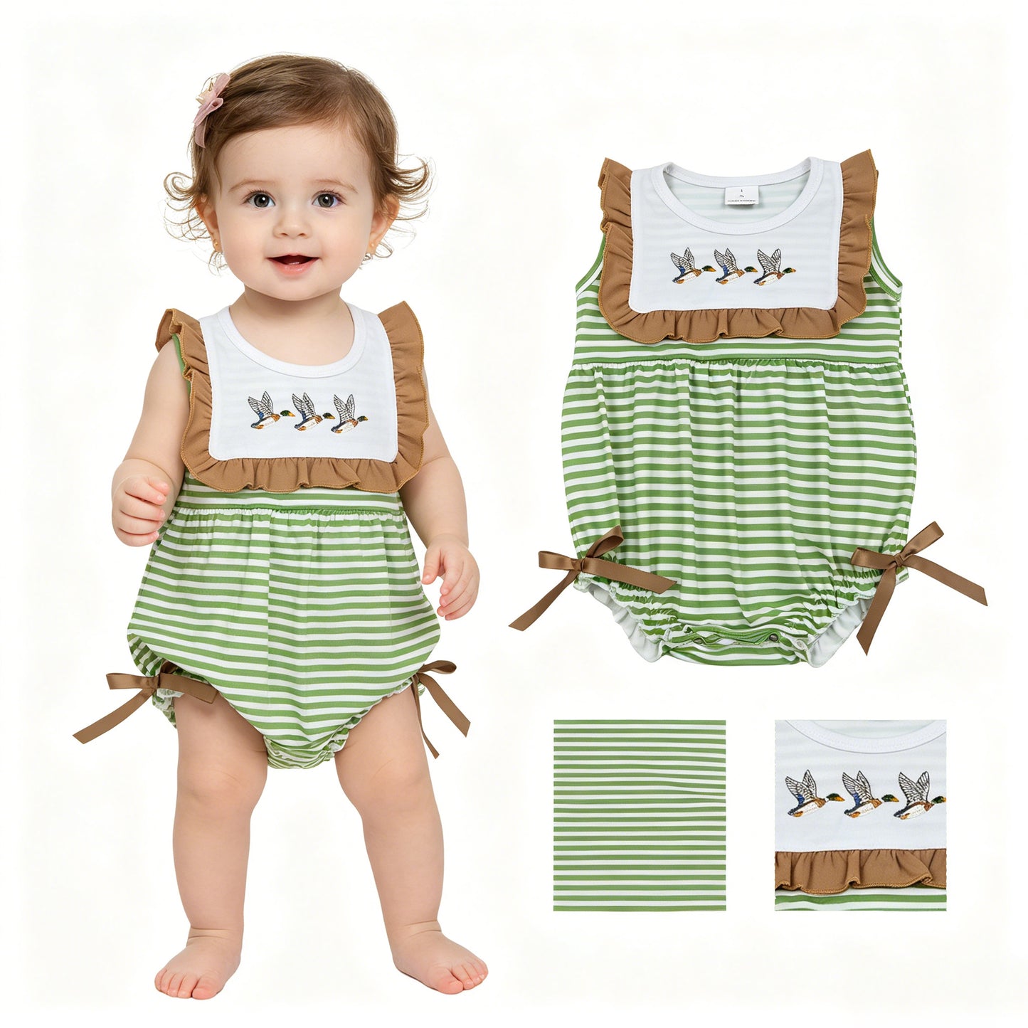 SR4084 Embroidered Duck Hunting Brown Ruffle Green Stripe Sleeveless Girls Bubble Romper 202605 RTS