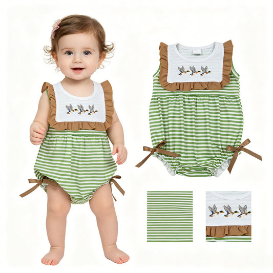 SR4084 Embroidered Duck Hunting Brown Ruffle Green Stripe Sleeveless Girls Bubble Romper 202605 RTS