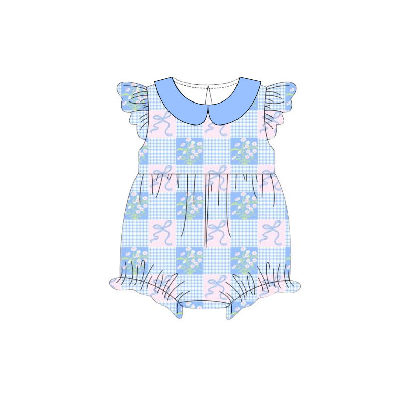 MOQ 5 PCS preorder SR4085 Blue Plaid Flower Bows Ruffle Doll Collar Fly Sleeve Girls Bubble Romper 202603