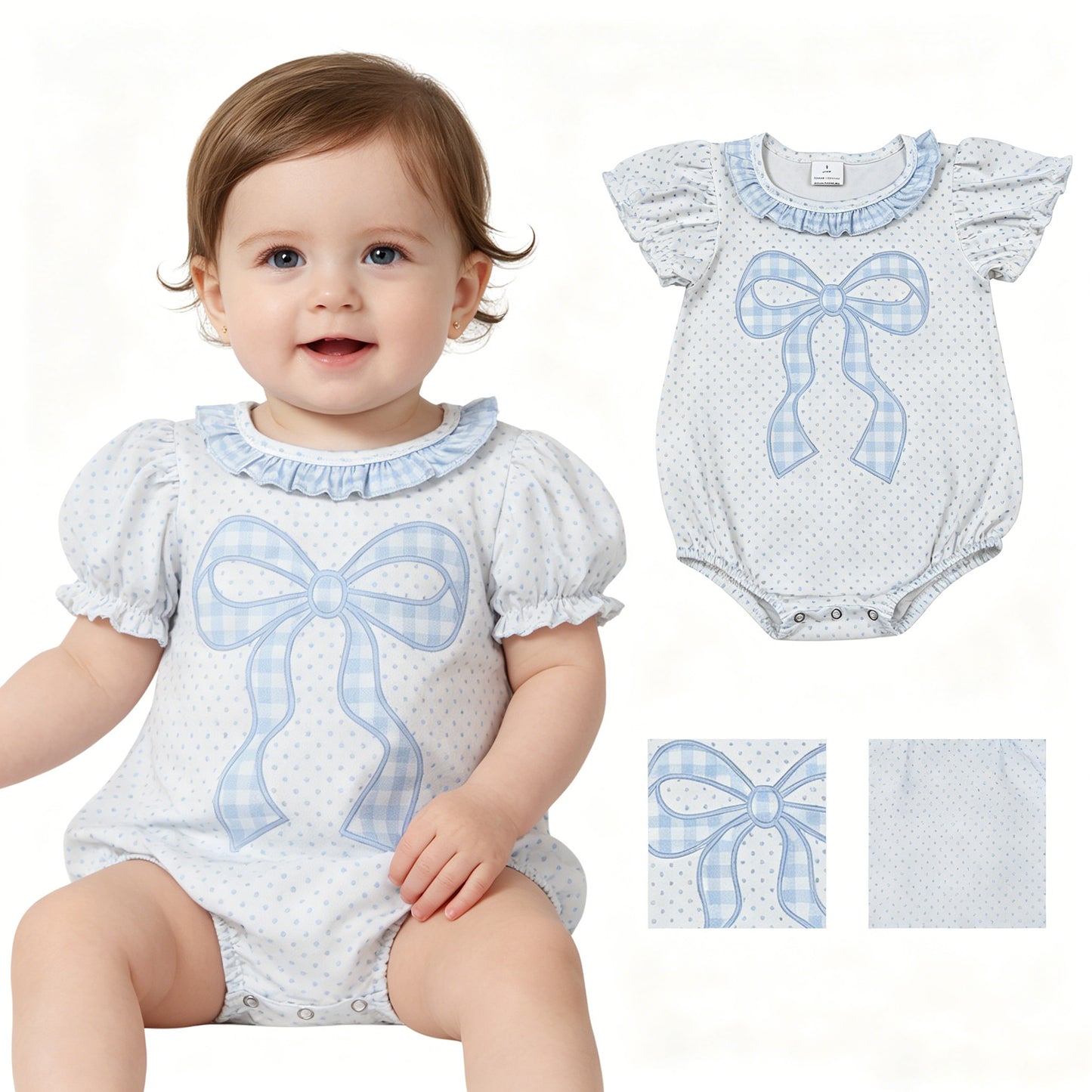SR4089 Blue Bows Dots Ruffle Short Sleeve Girls Bubble Romper 202605 RTS