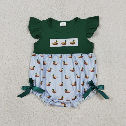 SR4091 Embroidered Duck Hunting Dark Green Fly Sleeve Girls Bubble Romper 202605 RTS
