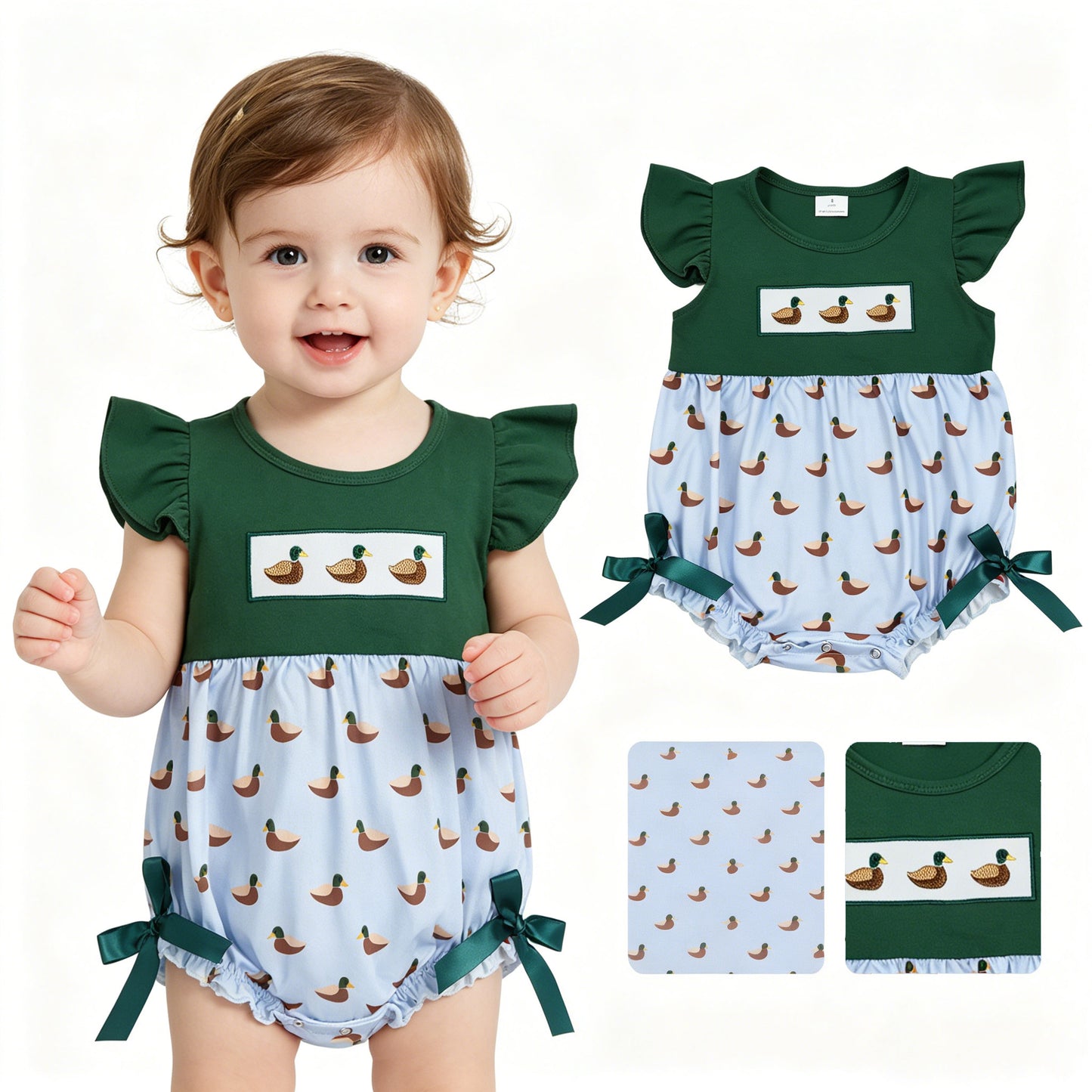 SR4091 Embroidered Duck Hunting Dark Green Fly Sleeve Girls Bubble Romper 202605 RTS