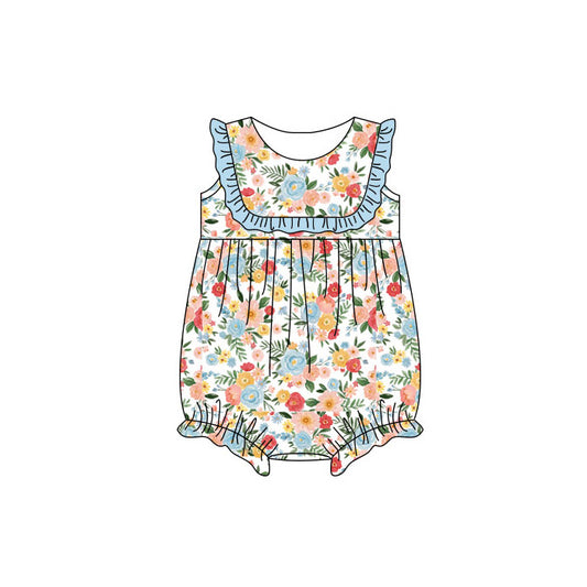 MOQ 5 PCS preorder SR4094 Flower Leaf Blue Ruffle Sleeveless Girls Bubble Romper 202603