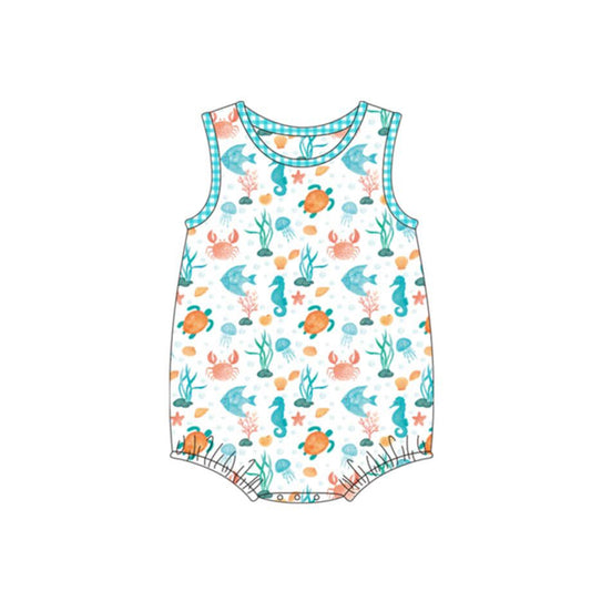 MOQ 5 PCS preorder SR4097  Sea Turtle Seahorse Jellyfish Blue Green Plaid O-Neck Sleeveless Boys Bubble Romper 202603 Sibling