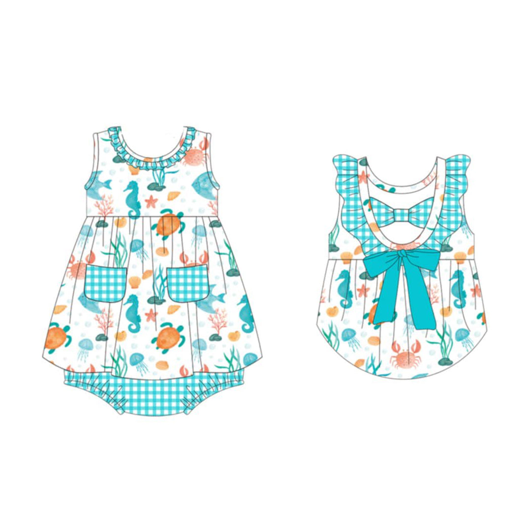 MOQ 5 PCS preorder SR4098 Sea Turtle Seahorse Jellyfish Blue Green Plaid Bows Pocket Sleeveless Girls Bubble Romper 202603 Sibling