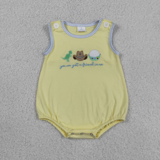 SR4106 Embroidered Friend Letter Cartoon Hat Yellow Sleeveless Boys Bubble Romper 202605 RTS Sibling