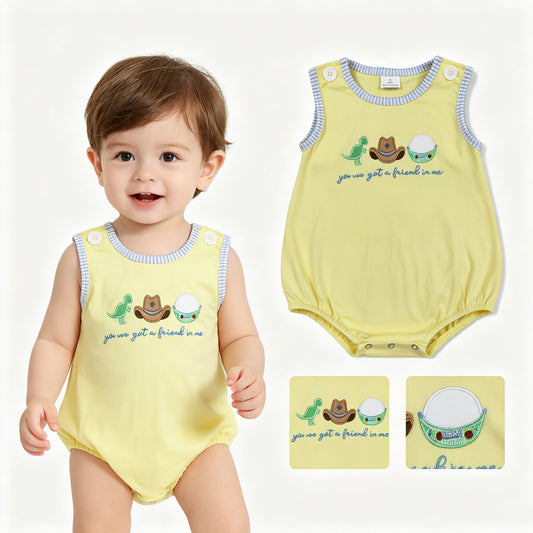 SR4106 Embroidered Friend Letter Cartoon Hat Yellow Sleeveless Boys Bubble Romper 202605 RTS Sibling