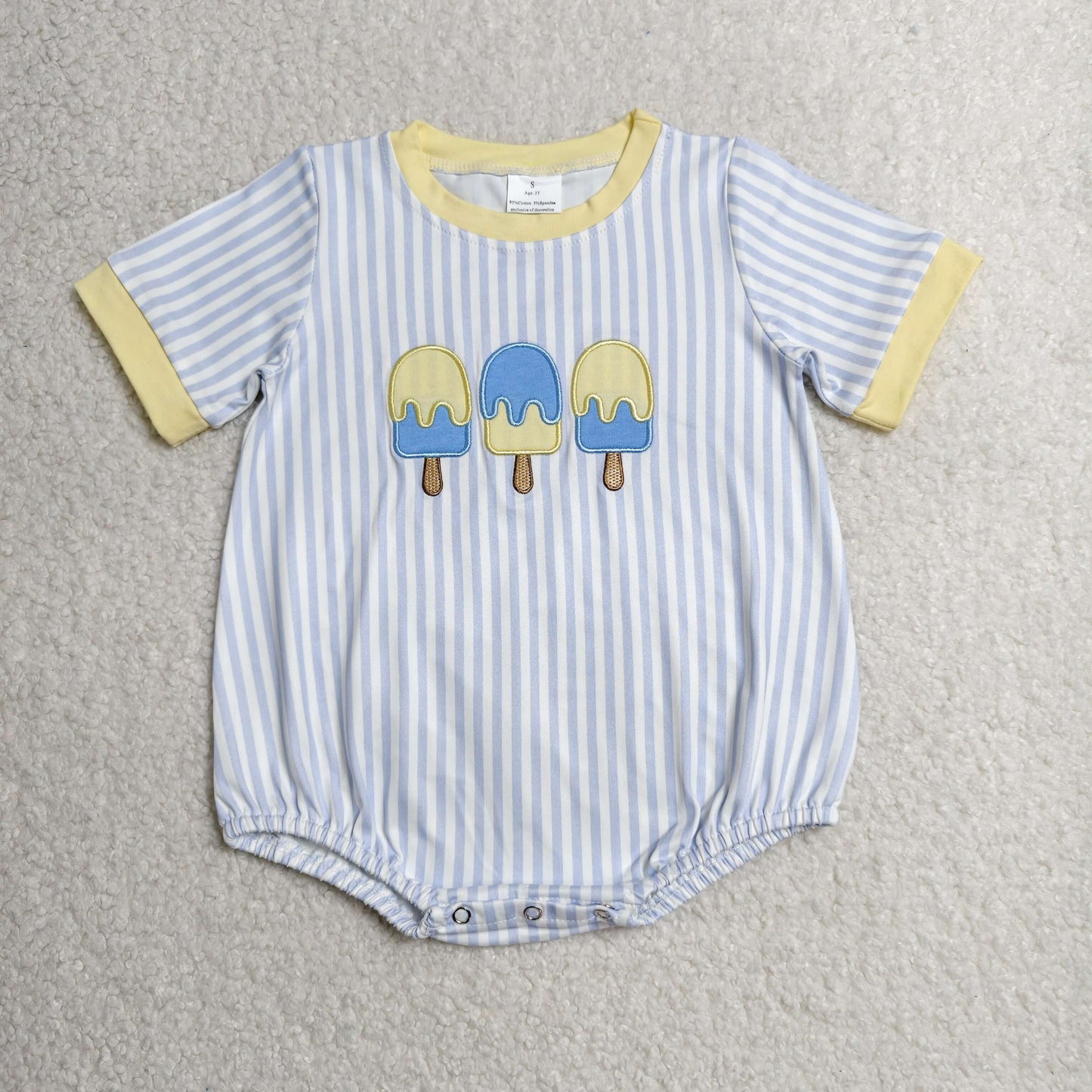 SR4107 Embroidered Ice Cream Blue Stripe Short Sleeve Boys Bubble Romper 202606 RTS Sibling