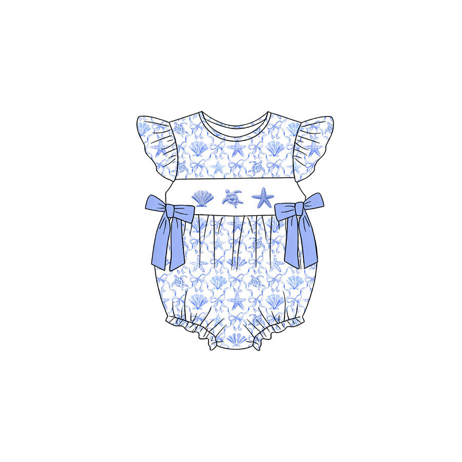 MOQ 5 PCS preorder SR4109 Seashells Turtles Starfish Bows Flying Sleeve Girls Bubble Romper 202603 Sibling