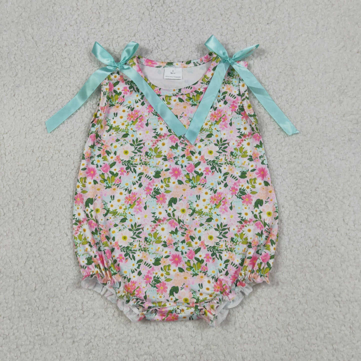 SR4111 Flower Leaf Blue Green Bows Sleeveless Girls Bubble Romper 202605 RTS Sibling