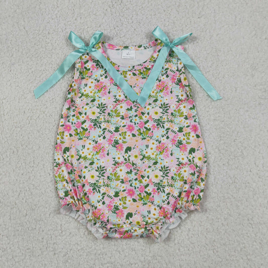 SR4111 Flower Leaf Blue Green Bows Sleeveless Girls Bubble Romper 202605 RTS Sibling
