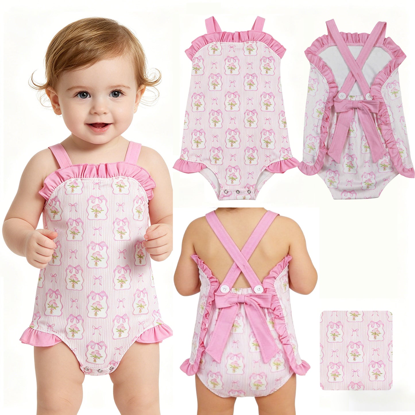 SR4112 Flower Bows Stripe Pink Ruffle Sleeveless Girls Bubble Romper 202604 RTS Sibling