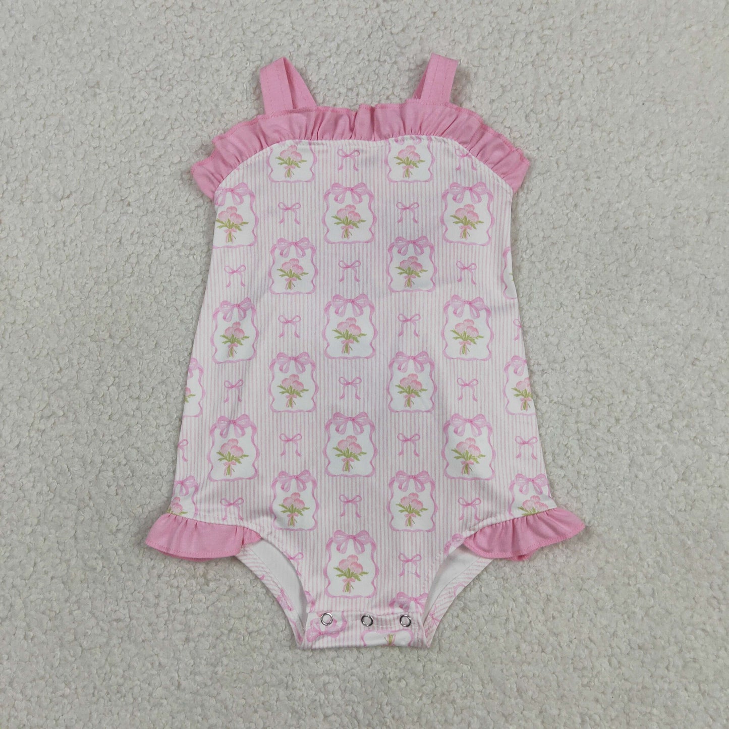 SR4112 Flower Bows Stripe Pink Ruffle Sleeveless Girls Bubble Romper 202604 RTS Sibling