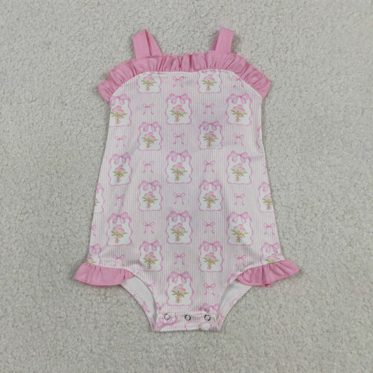 SR4112 Flower Bows Stripe Pink Ruffle Sleeveless Girls Bubble Romper 202604 RTS Sibling