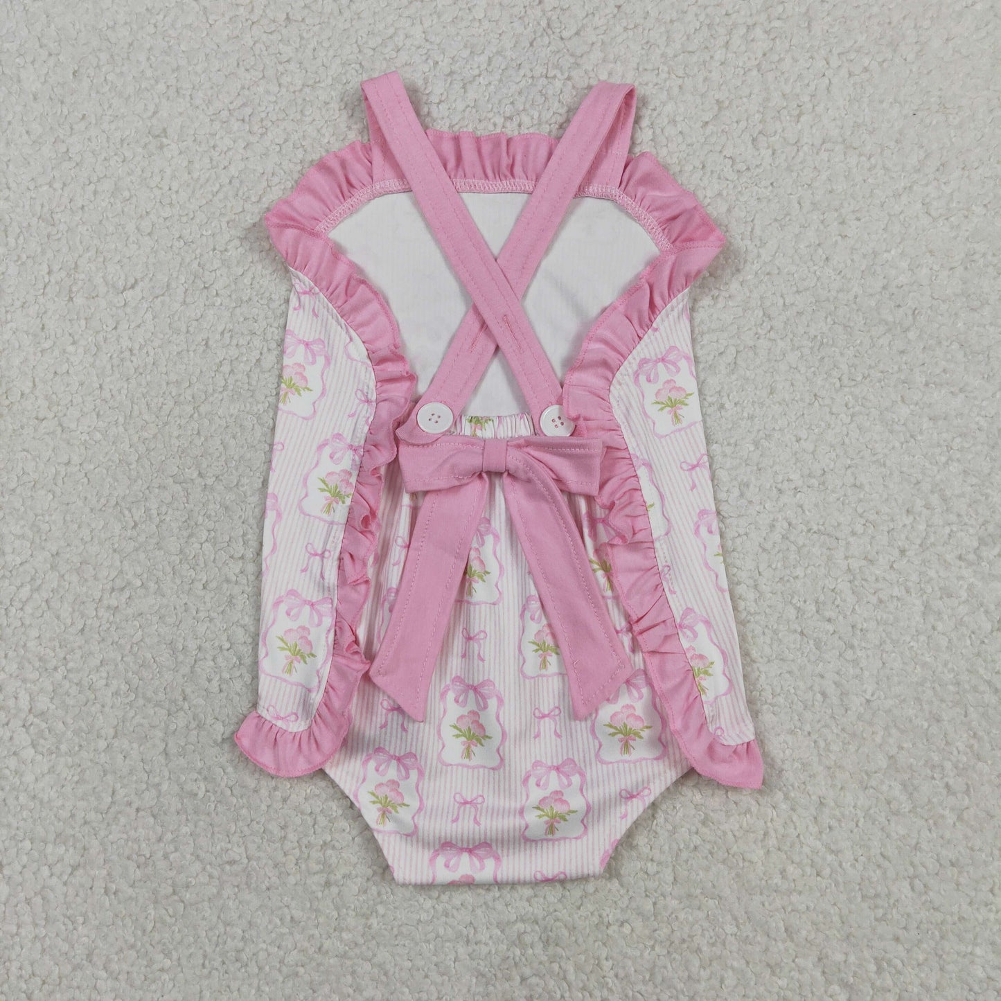 SR4112 Flower Bows Stripe Pink Ruffle Sleeveless Girls Bubble Romper 202604 RTS Sibling