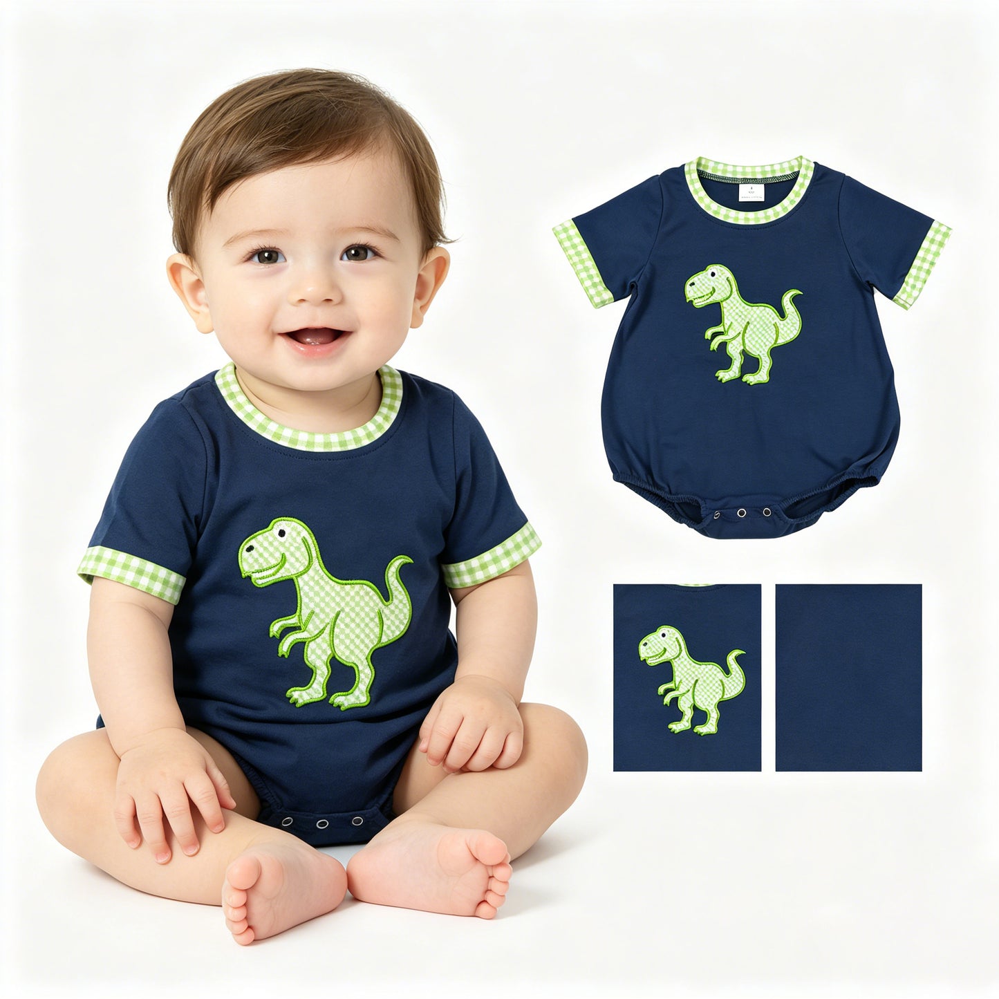 SR4113 Embroidered Dinosaur Green Plaid Navy Short Sleeve Boys Bubble Romper 202604 RTS Sibling