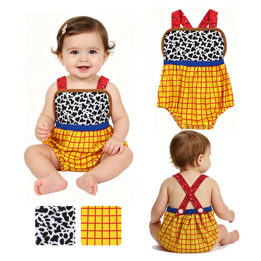 SR4114 Cartoon Character Cow Print Yellow Plaid Sleeveless Boys Bubble Romper 202604 RTS Sibling