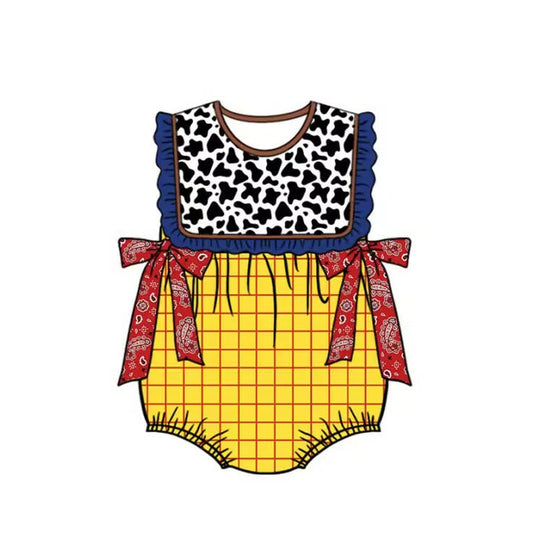 MOQ 5 PCS preorder SR4115 Cartoon Character Cow Print Yellow Plaid Blue Ruffle Sleeveless Girls Bubble Romper 202603 Sibling