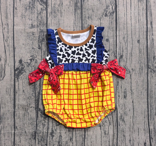 NO MOQ preorder SR4115 Cartoon Character Cow Print Yellow Plaid Blue Ruffle Sleeveless Girls Bubble Romper 202603 Sibling