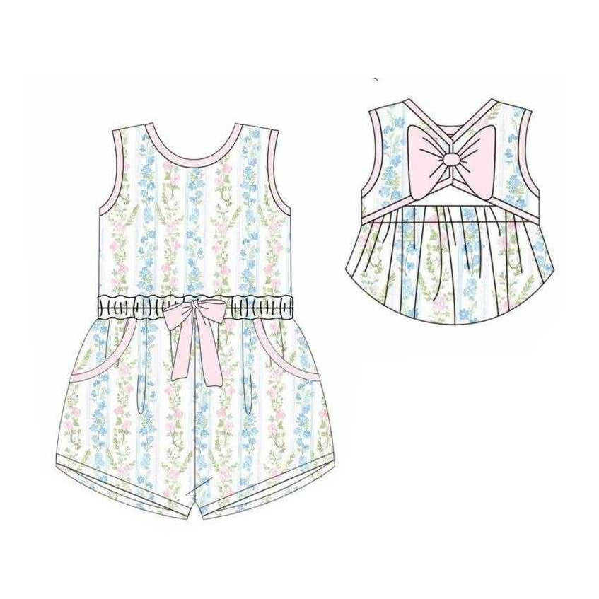 MOQ 5 PCS Preorder SR4119 Floral Pink Bows Sleeveless Girls Overalls Jumpsuits 202603
