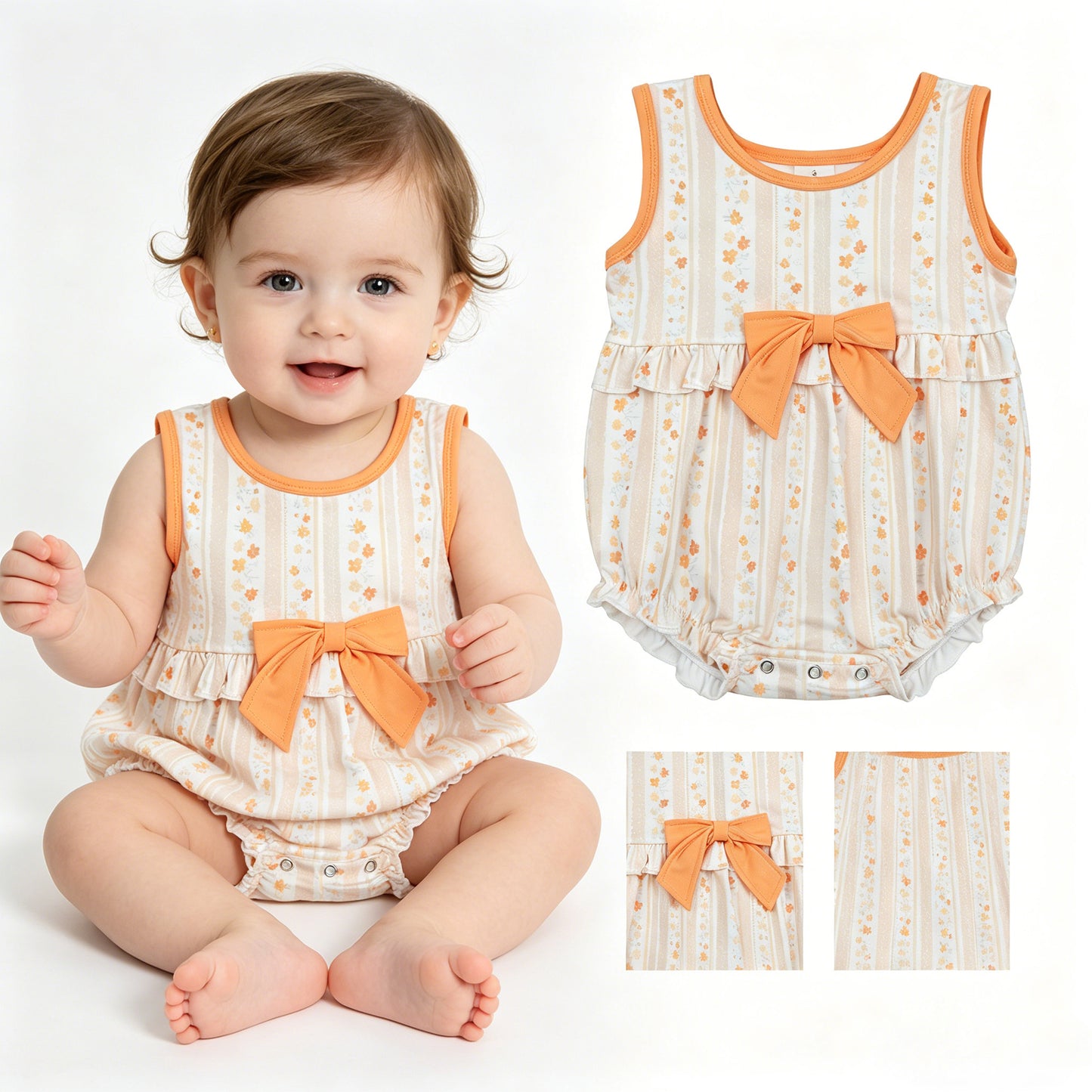 SR4122 Floral Orange Bows Sleeveless Girls Bubble Romper 202604 RTS Sibling