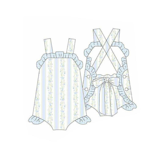 MOQ 5 PCS preorder SR4123 Flower Stripe Blue Plaid Ruffle Sleeveless Girls Bubble Romper 202603 Sibling
