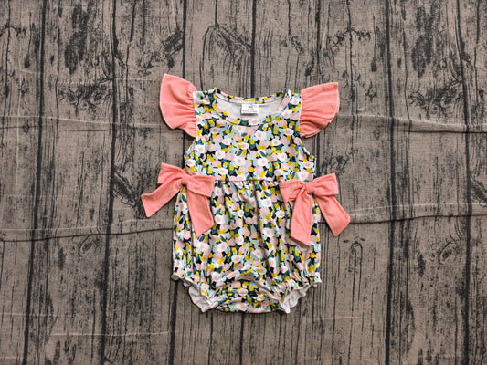 NO MOQ preorder SR4125 Flower Leaf Pink Bows Ruffle Flying Sleeve Girls Bubble Romper 202606 Sibling