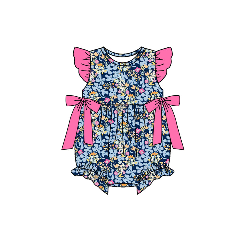 MOQ 5 PCS preorder SR4126 Navy Flower Leaf Rose Red Bows Ruffle Flying Sleeve Girls Bubble Romper 202603 Sibling