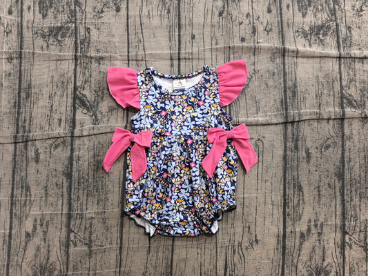NO MOQ preorder SR4126 Navy Flower Leaf Rose Red Bows Ruffle Flying Sleeve Girls Bubble Romper 202606 Sibling